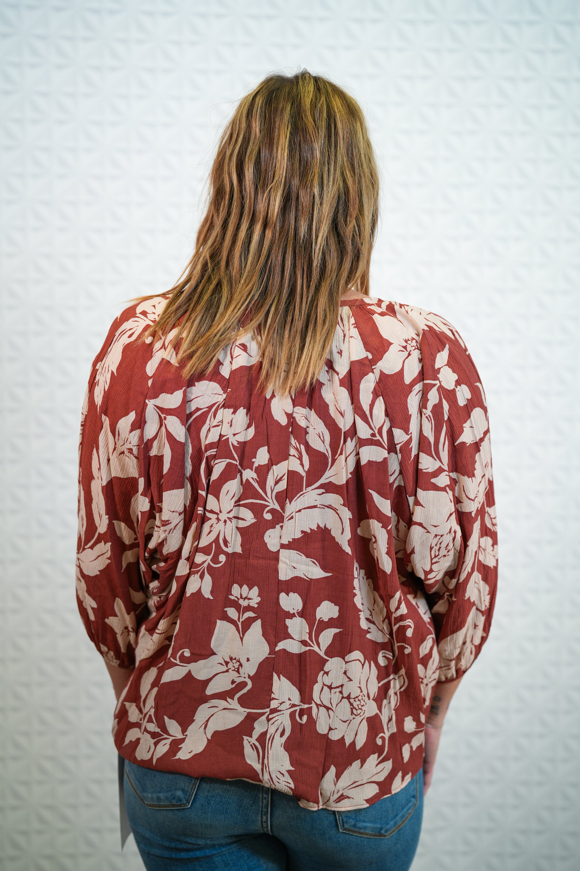 Printed Peach Blossom Woven V Neck Top - Dolman Sleeves Color - Coffee - Buttercup Lynne Boutique