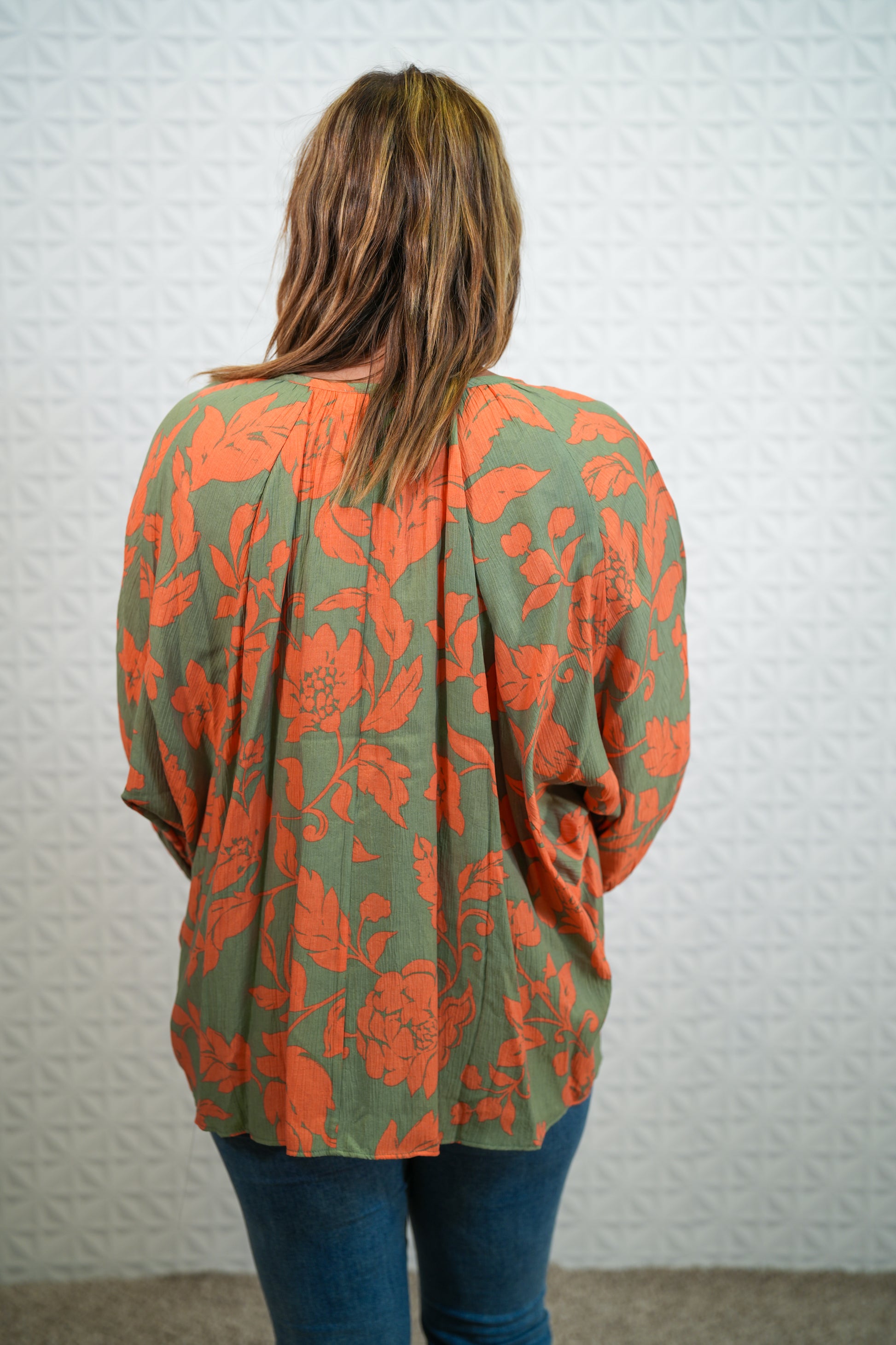 Printed Peach Blossom Woven V Neck Top - Dolman Sleeves Color - Sage - Buttercup Lynne Boutique