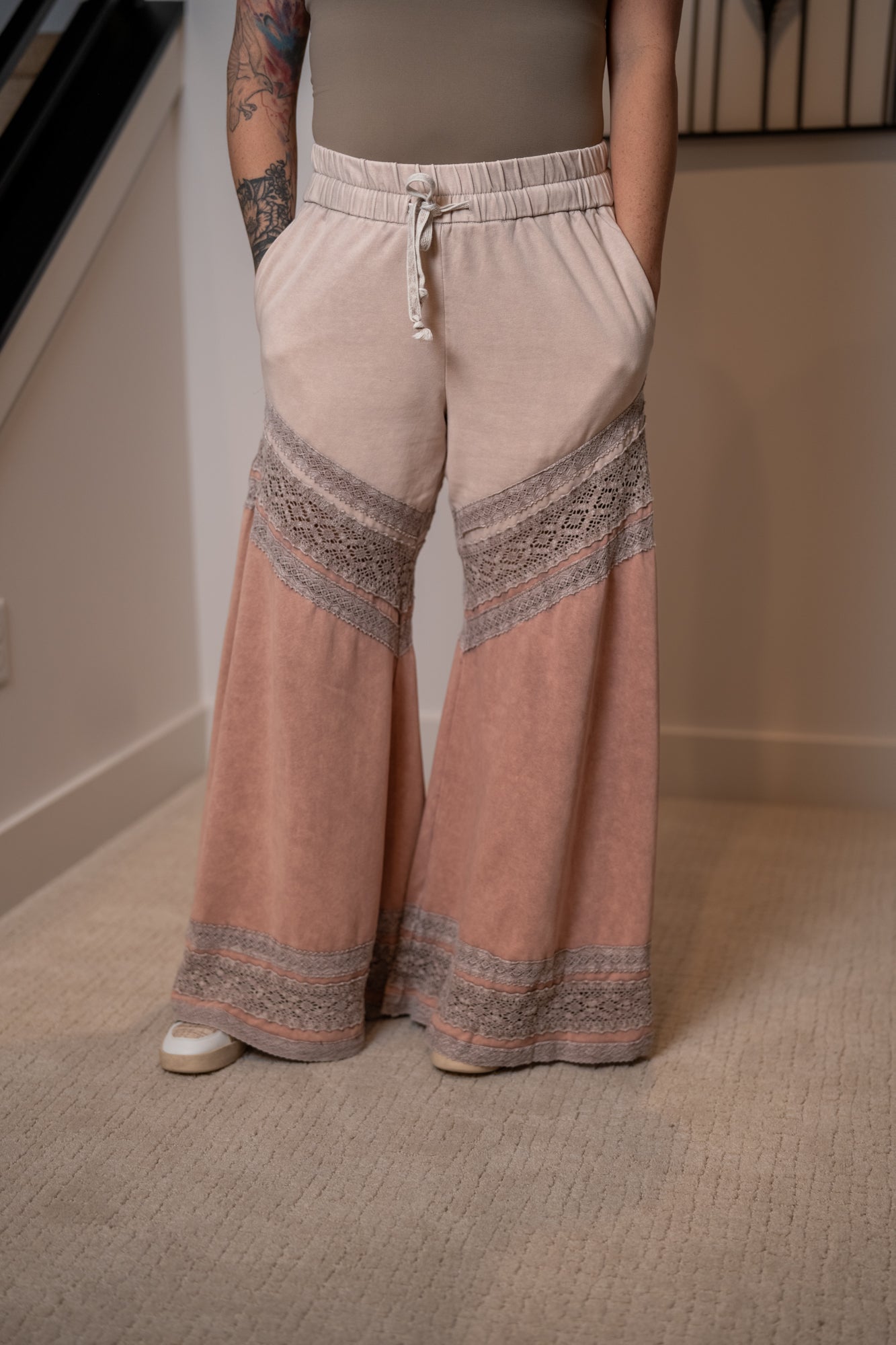Oli & Hali Washed Fabric Mix Wide Leg Pants