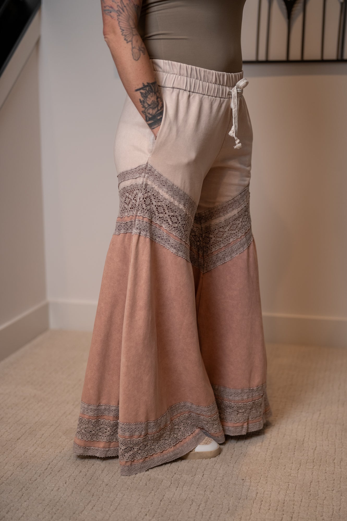 Oli & Hali Washed Fabric Mix Wide Leg Pants