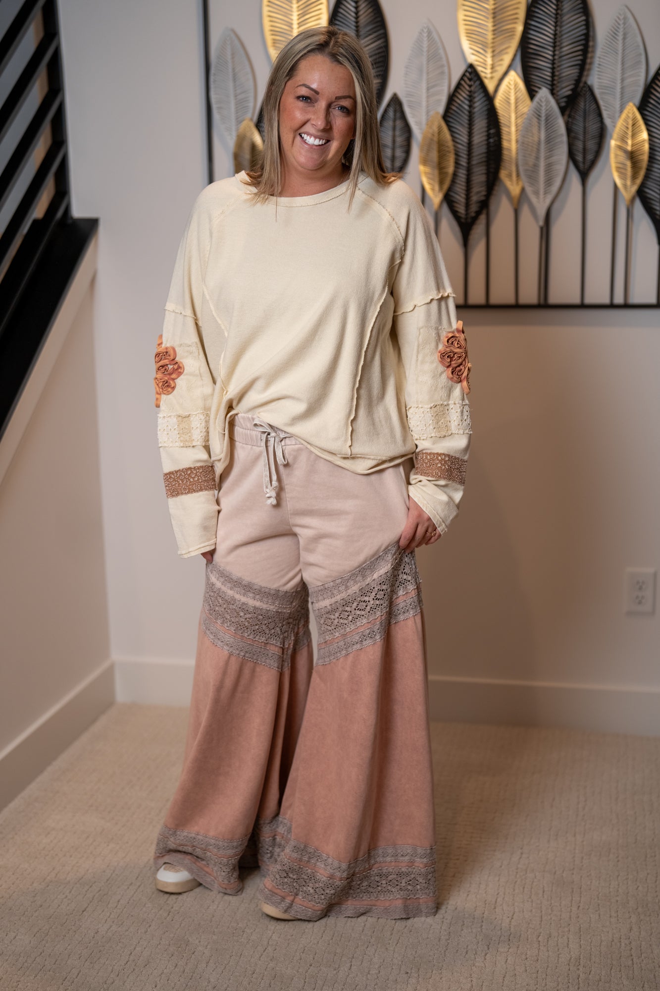 Oli & Hali Washed Fabric Mix Wide Leg Pants