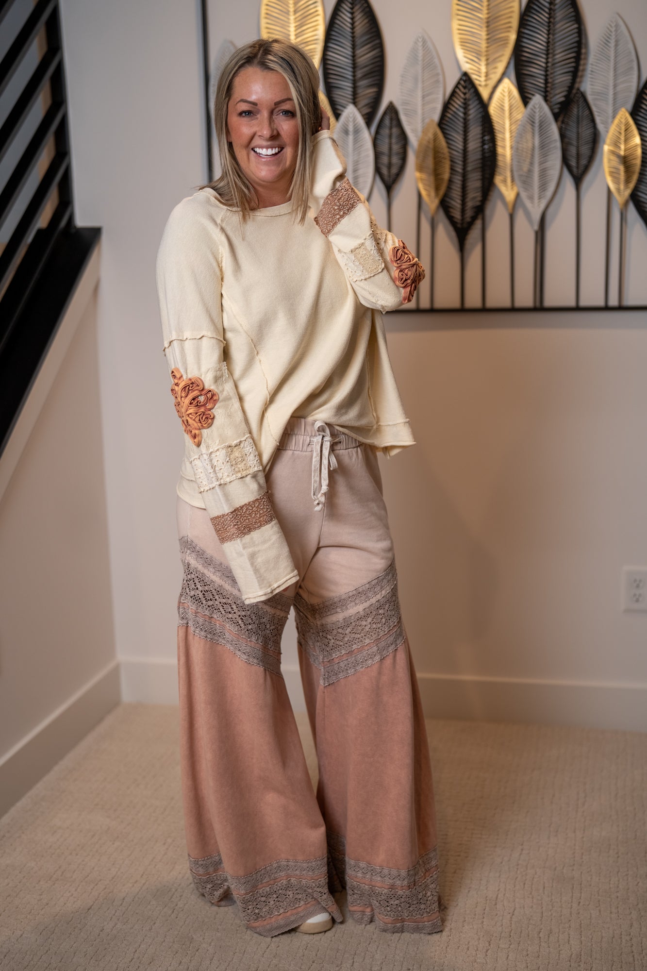 Oli & Hali Washed Fabric Mix Wide Leg Pants