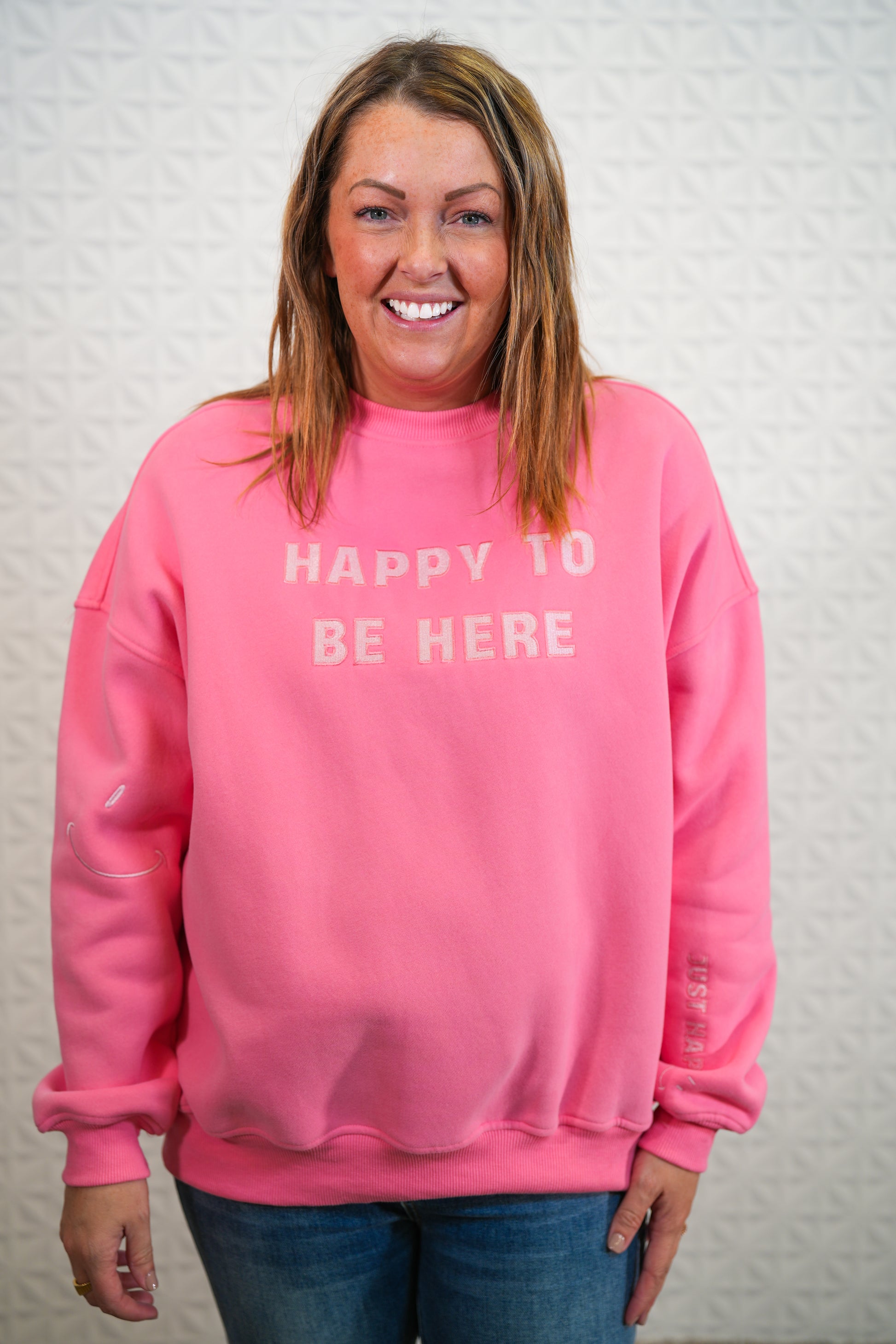 I Am Just Happy To Be Here - Hibiscus Pink Crewneck - Buttercup Lynne Boutique