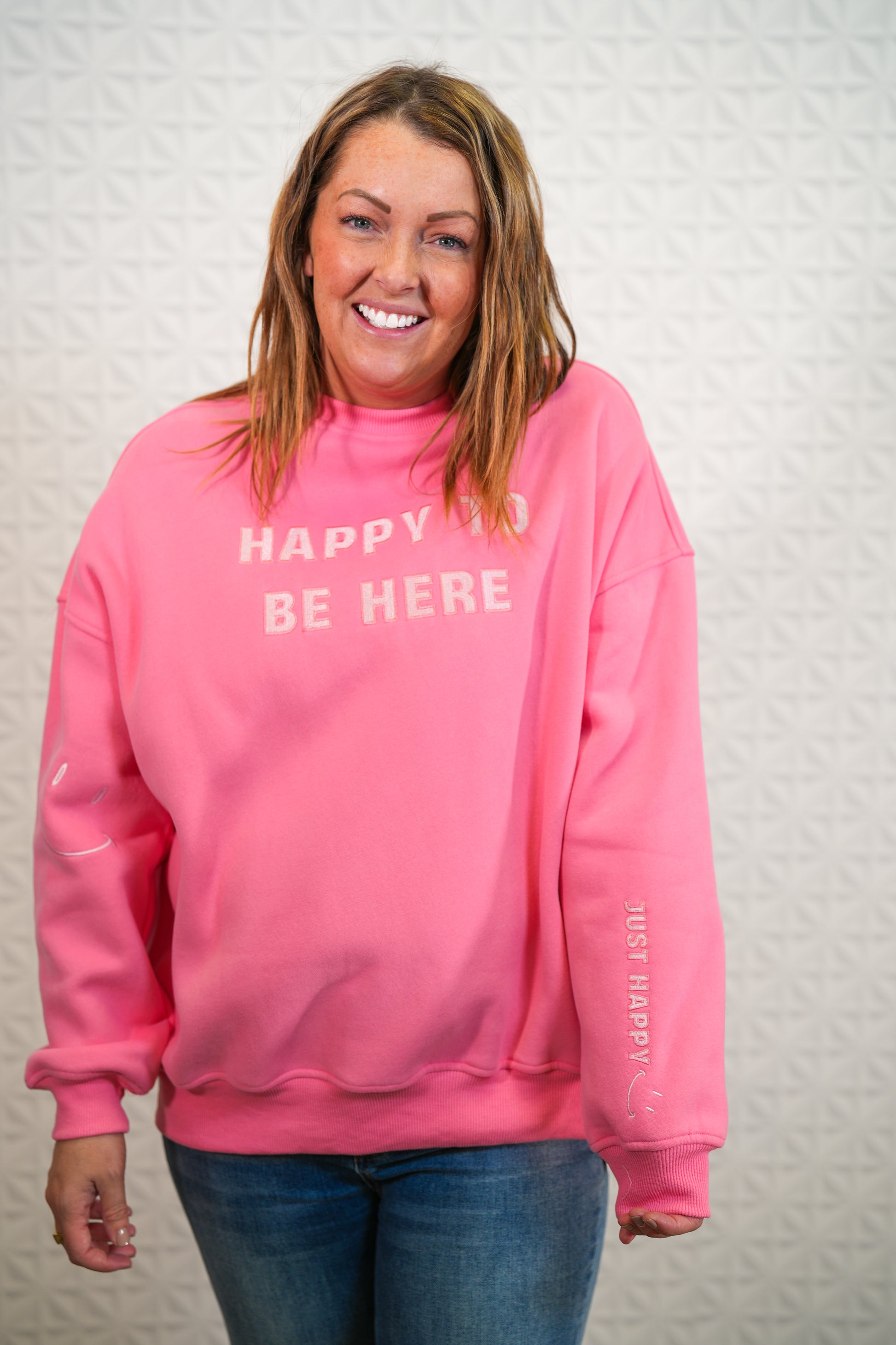 I Am Just Happy To Be Here - Hibiscus Pink Crewneck - Buttercup Lynne Boutique