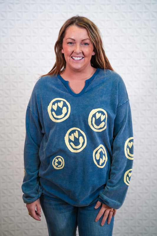 Smiley Face Printed Washed Terry Knit Pullover - Blue Denim - Buttercup Lynne Boutique