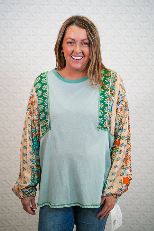 Sage Green Print Mixed with Cotton Slub Knit Top - Plus - Buttercup Lynne Boutique