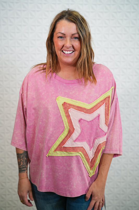 Star Patch Mineral Washed Knit Top - Cotton Candy - Regular and Plus - Buttercup Lynne Boutique