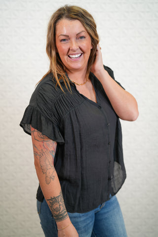 Short Ruffle Sleeve Shirt - Black - Buttercup Lynne Boutique