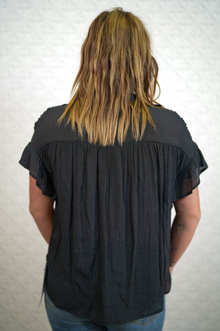 Short Ruffle Sleeve Shirt - Black - Buttercup Lynne Boutique