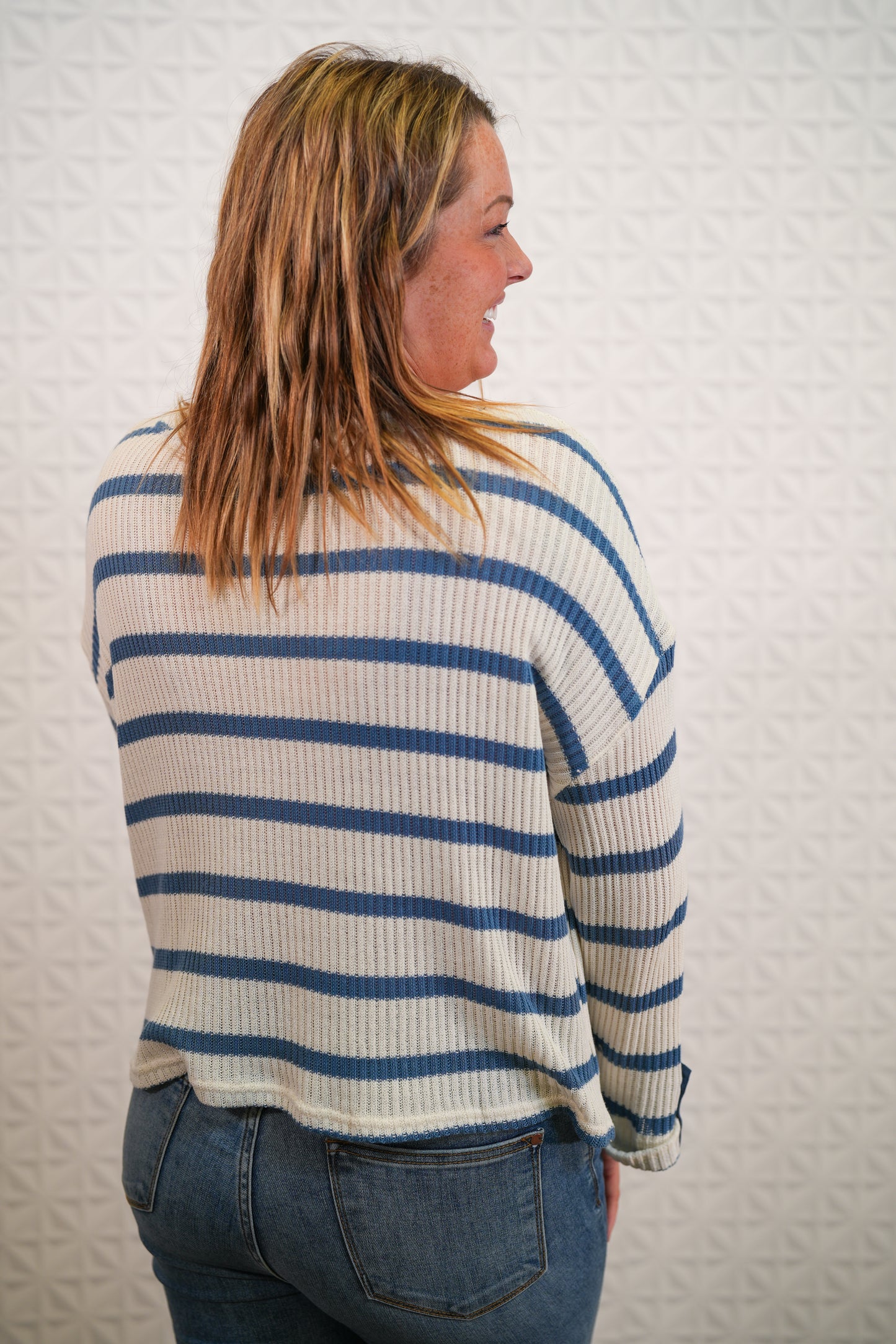 Denim Striped Knit Top 3/4 Sleeve - Buttercup Lynne Boutique