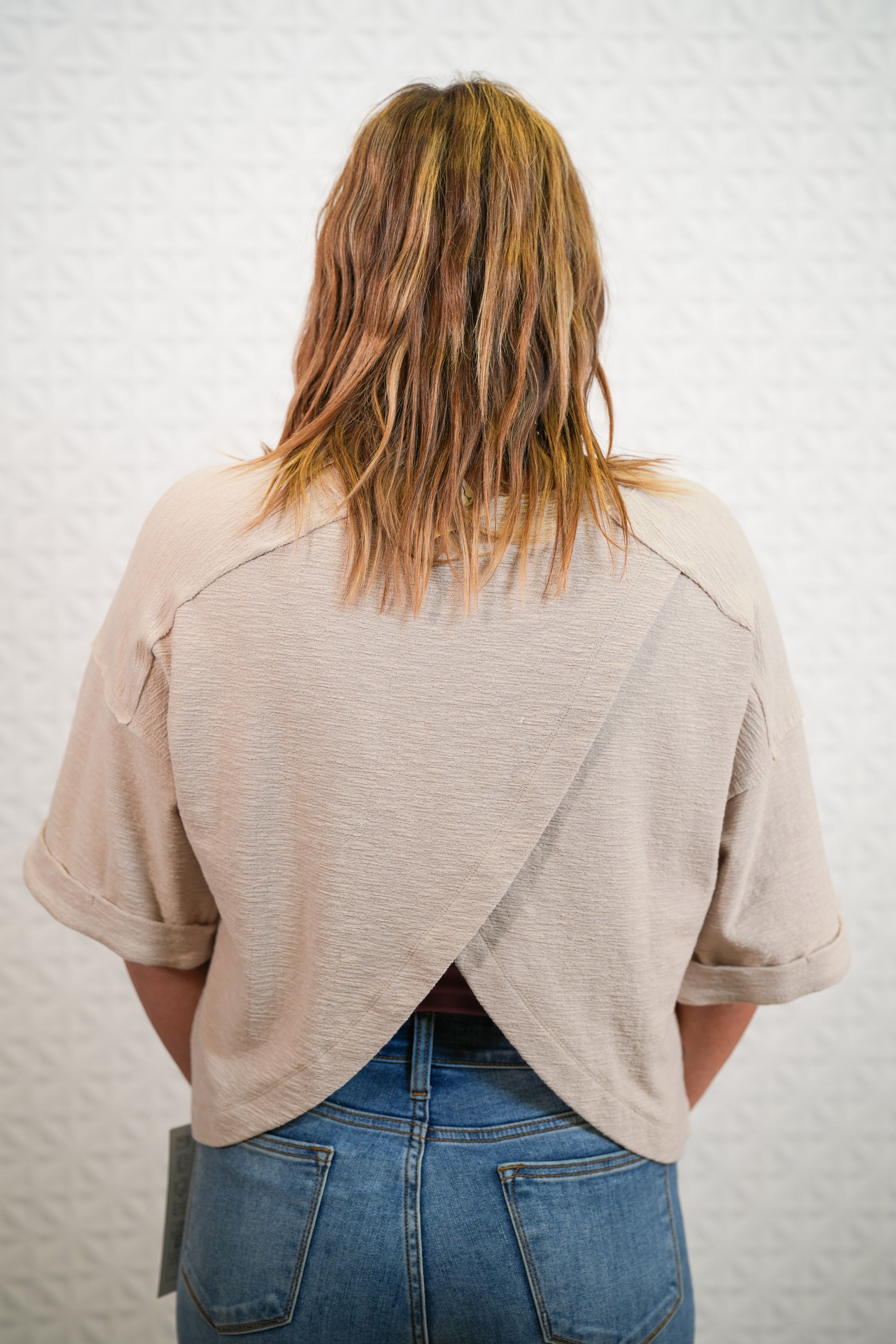 3/4 Sleeve Khaki Knit Crop Top - Back Wrap Detail - Buttercup Lynne Boutique