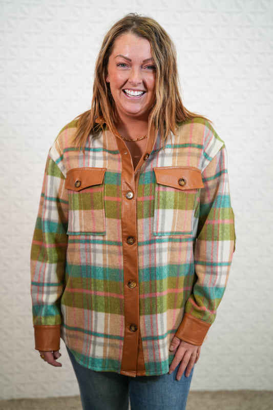 Plaid Button Down Shacket - Green - Brown - Buttercup Lynne Boutique