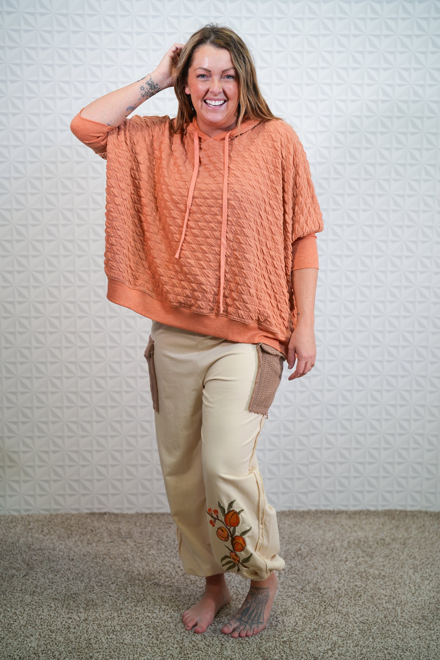 Knit Pullover Hoodie Apricot 3/4 Sleeve - Buttercup Lynne Boutique