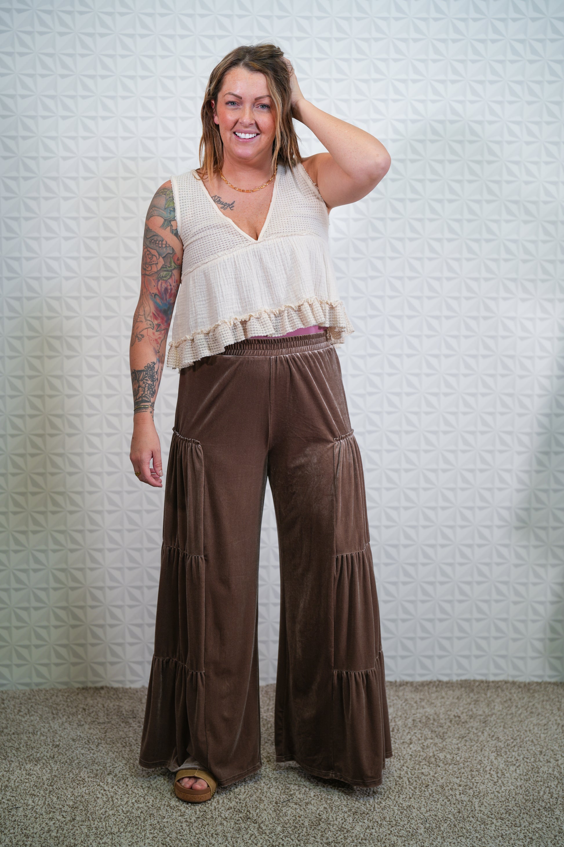 V-Neck Babydoll Thermal Ruffle Tank - Natural - Buttercup Lynne Boutique
