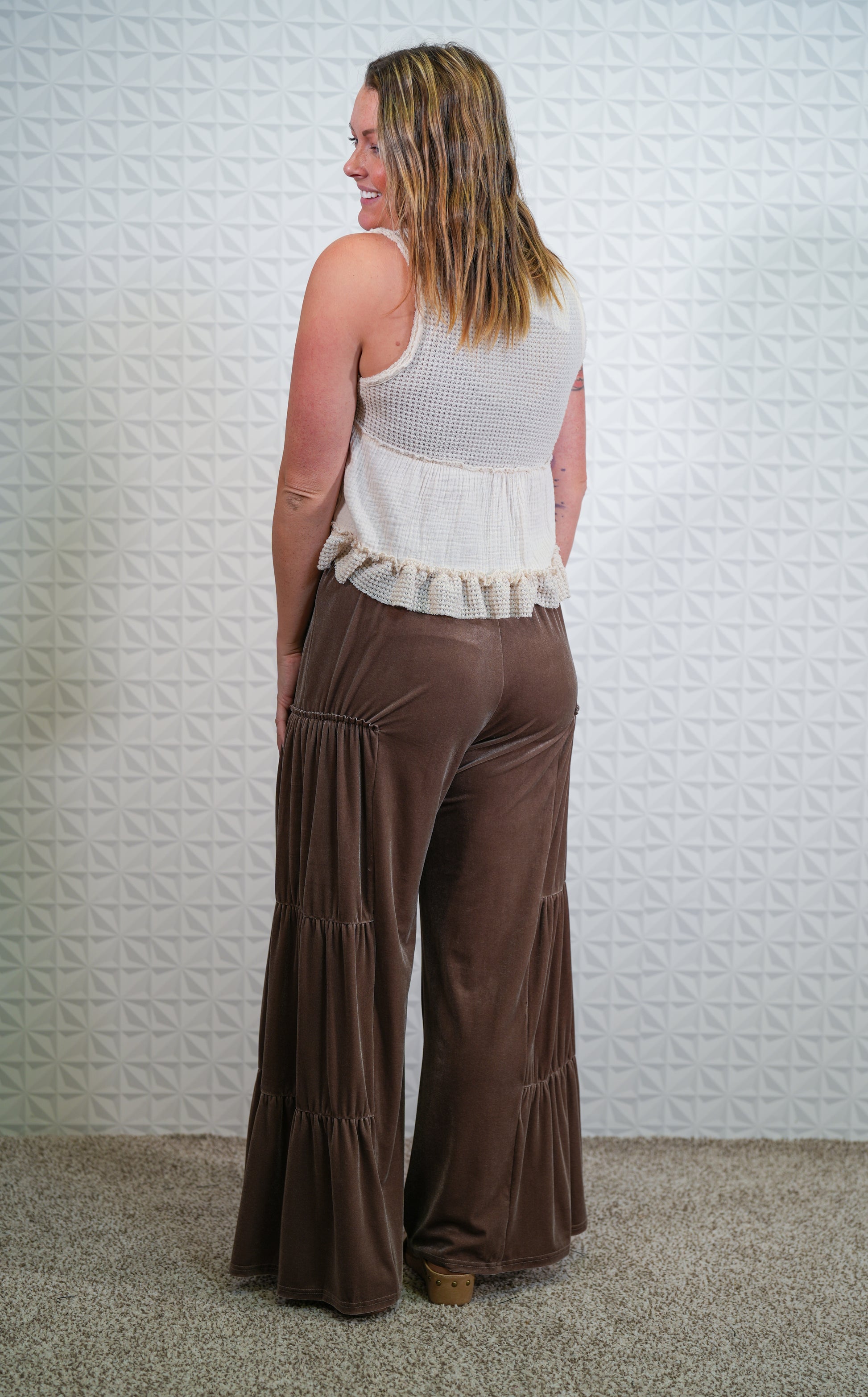 V-Neck Babydoll Thermal Ruffle Tank - Natural - Buttercup Lynne Boutique
