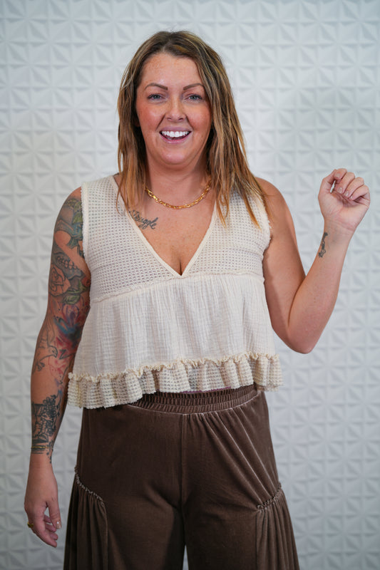 V-Neck Babydoll Thermal Ruffle Tank - Natural - Buttercup Lynne Boutique