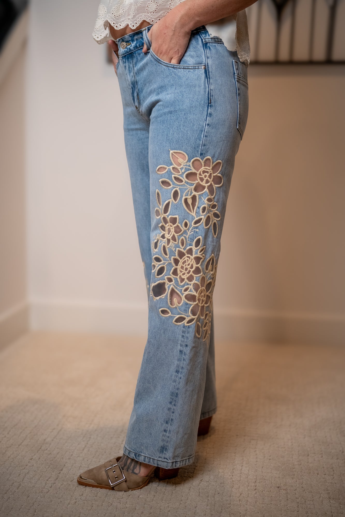 oli and hali straight leg denim with floral lace cut out detail