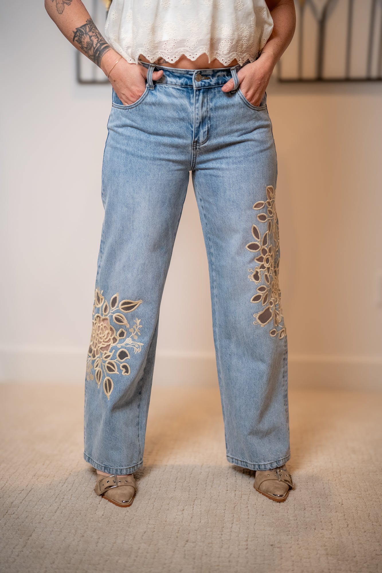 close up from view of the straight leg denim with details