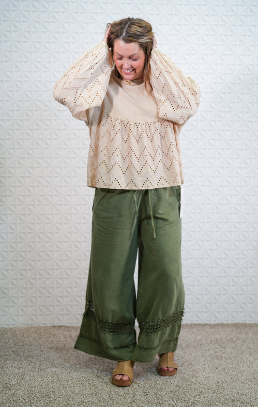 Taking Over Crochet Tape Terry Knit Pants - Buttercup Lynne Boutique