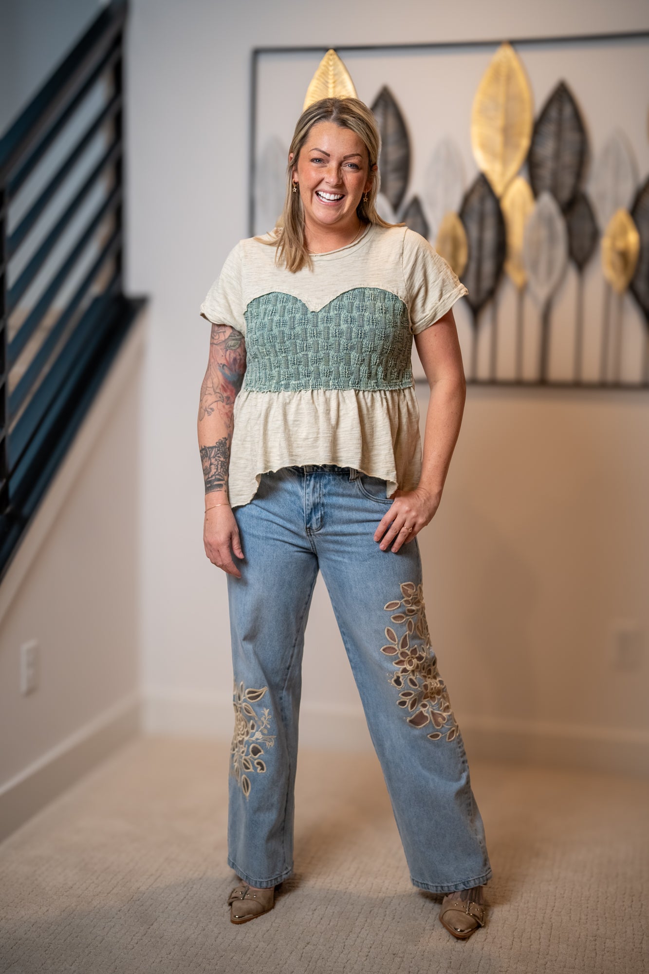 Oli and Hali sage washed smocked peplum top with short sleeves and flowy relaxed fit