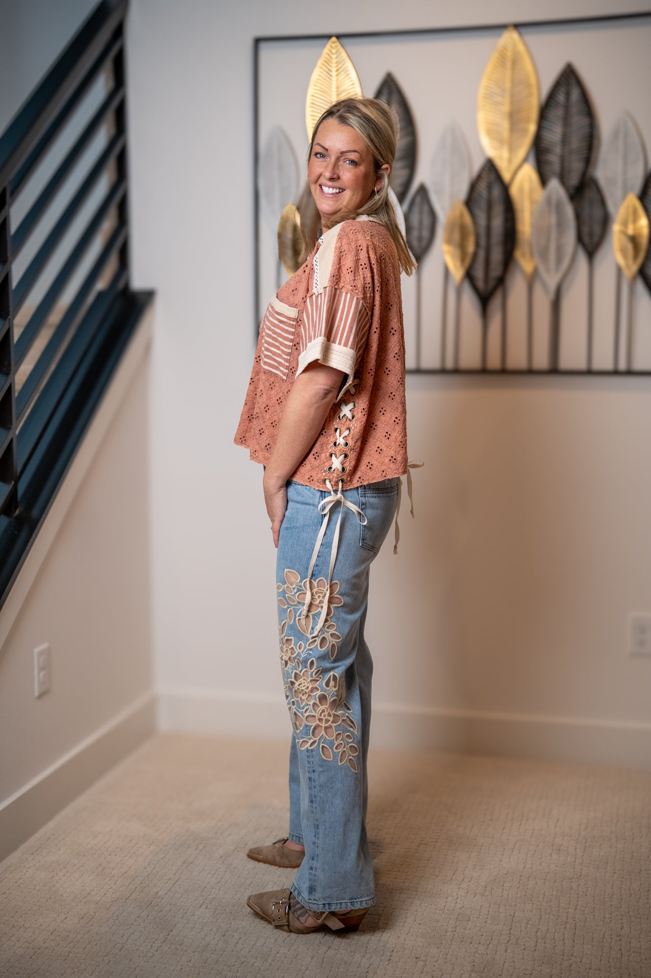 Oli and Hali washed crochet and stripe mix top with lace up sides, short sleeves and relaxed fit