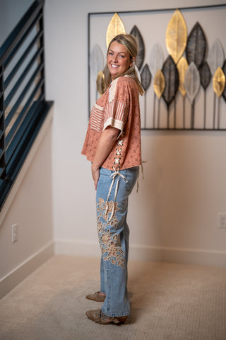 Oli and Hali washed crochet and stripe mix top with lace up sides, short sleeves and relaxed fit