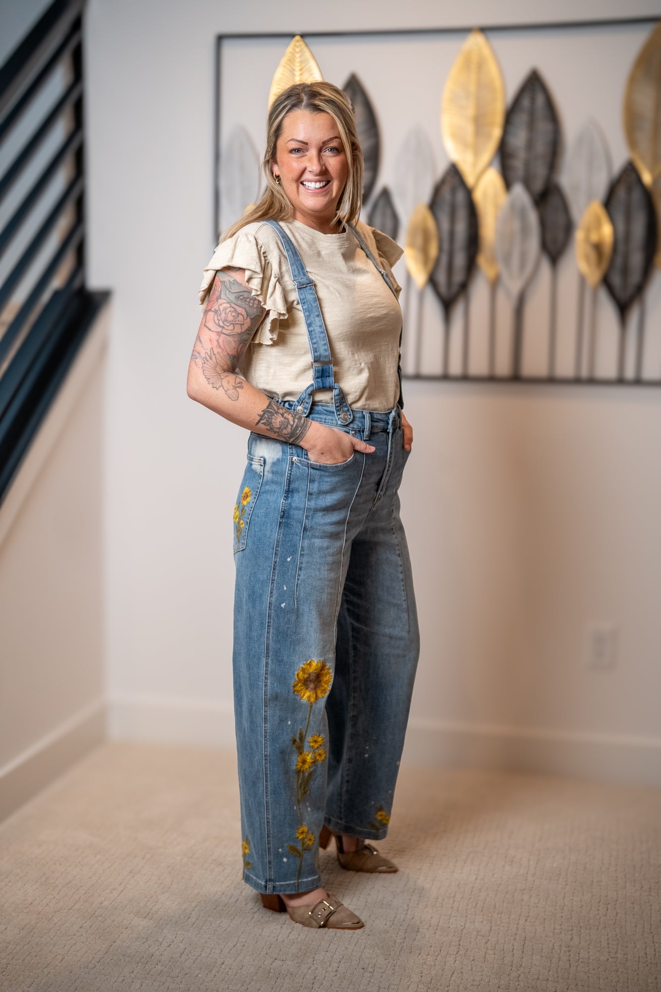 Floral embroidered denim overalls Oli and Hali with sunflower detail and relaxed wide leg jeans