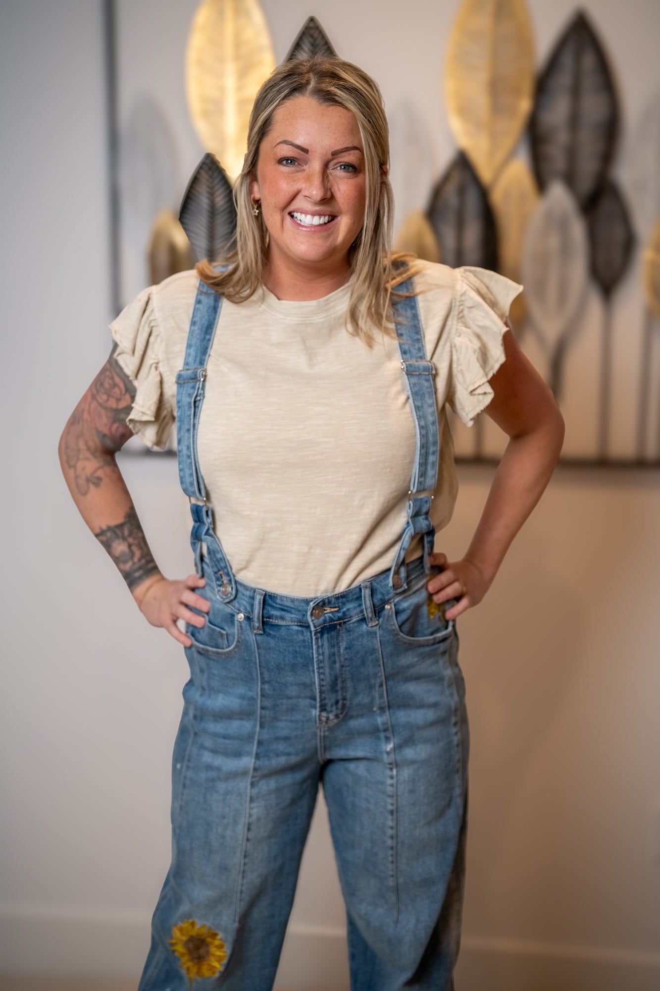 Oli and Hali denim overalls detail with button waistband, front pockets and detachable straps
