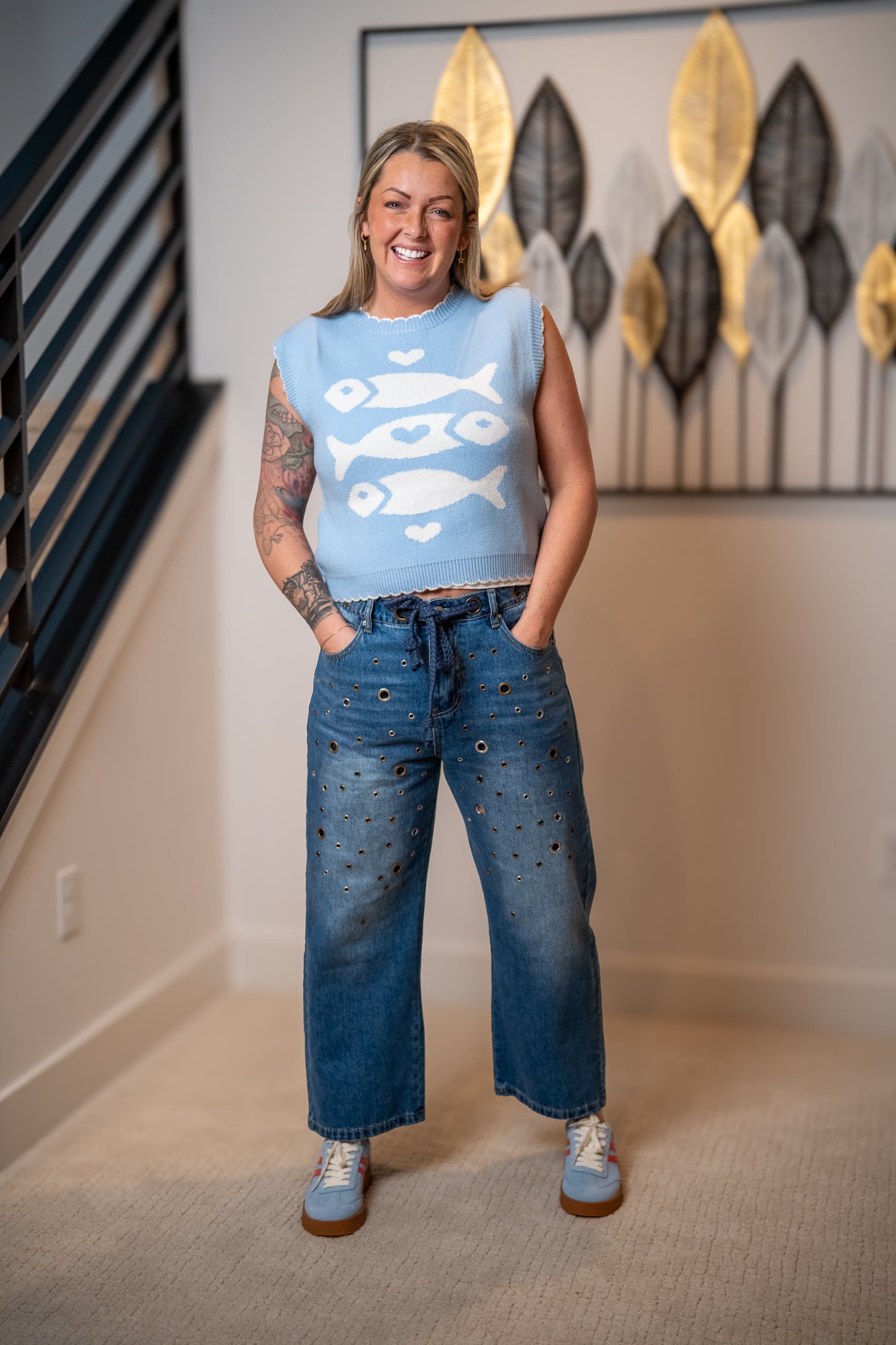 Oli & Hali Washed Grommet Wide Leg Jeans