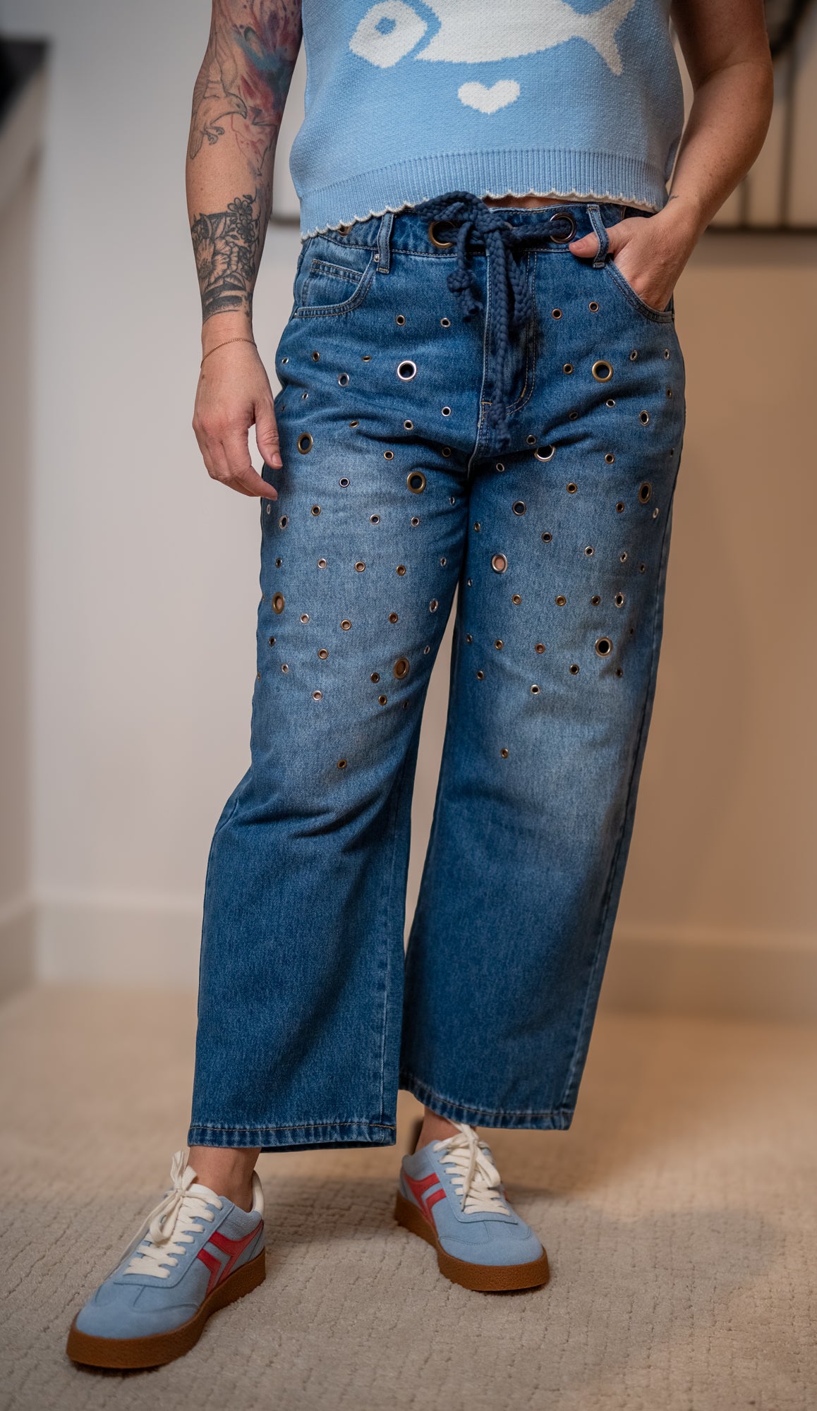 Oli & Hali Washed Grommet Wide Leg Jeans