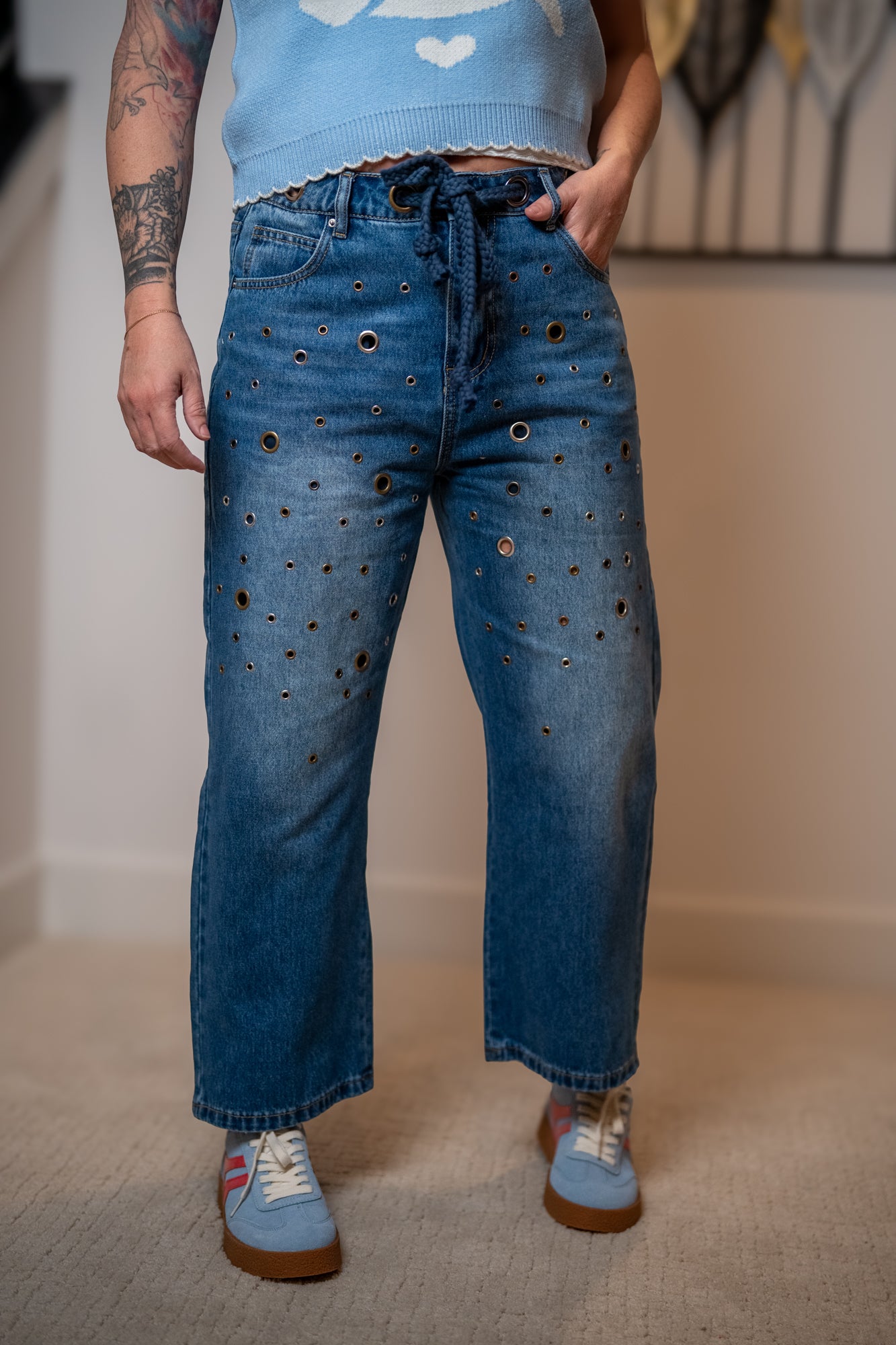 Oli & Hali Washed Grommet Wide Leg Jeans