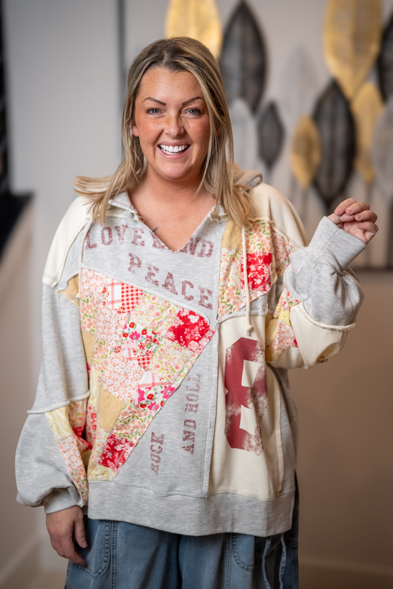 Oli and Hali patchwork graphic hoodie with love and peace print and oversized silhouette