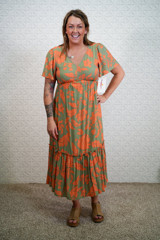Voile Maxi Dress - Short Sleeve - Sage and Orange Floral - Buttercup Lynne Boutique