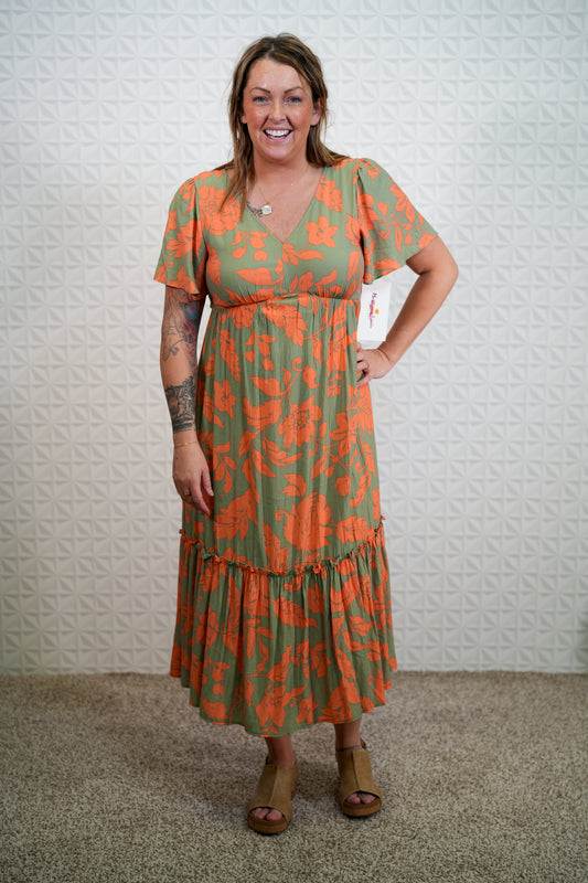 Voile Maxi Dress - Short Sleeve - Sage and Orange Floral - Buttercup Lynne Boutique