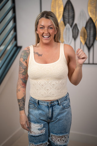 woman wearing a one size lace tank top from nikibiki
