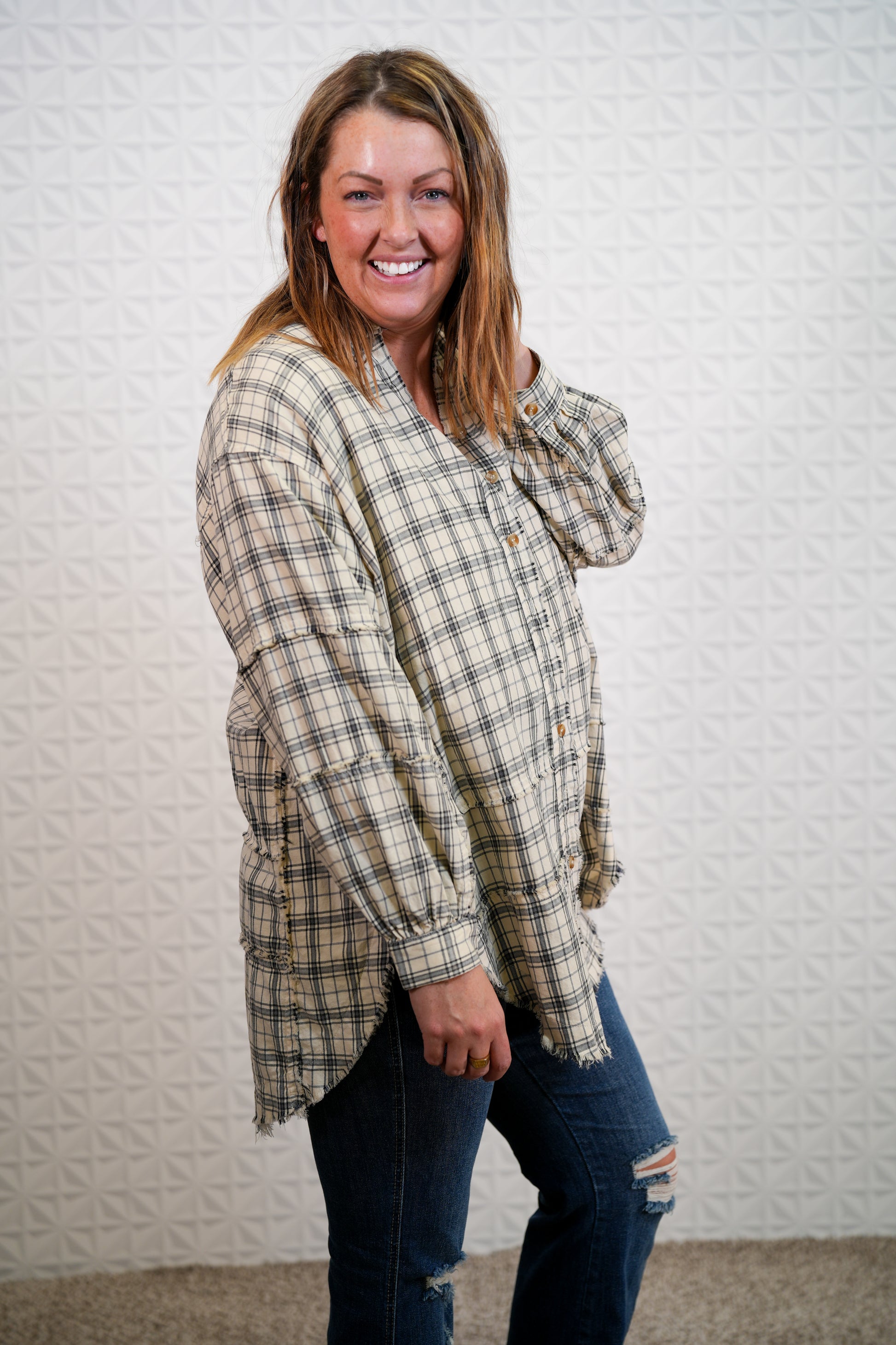 Looking at you Loose Fit Plaid Shirt - Oversized - Natural - Buttercup Lynne Boutique