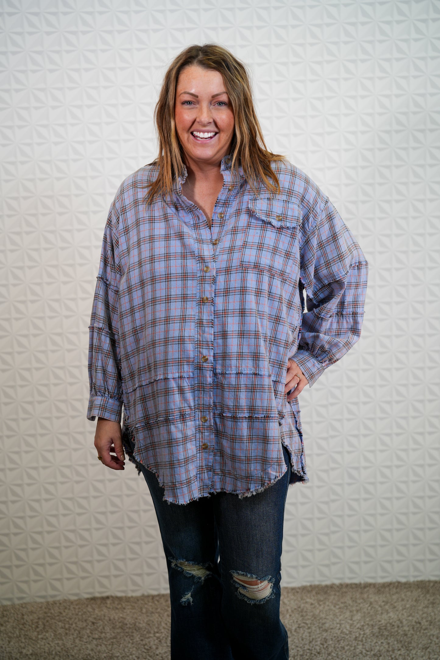 Looking at you Loose Fit Plaid Shirt - Oversized - Periwinkle - Buttercup Lynne Boutique