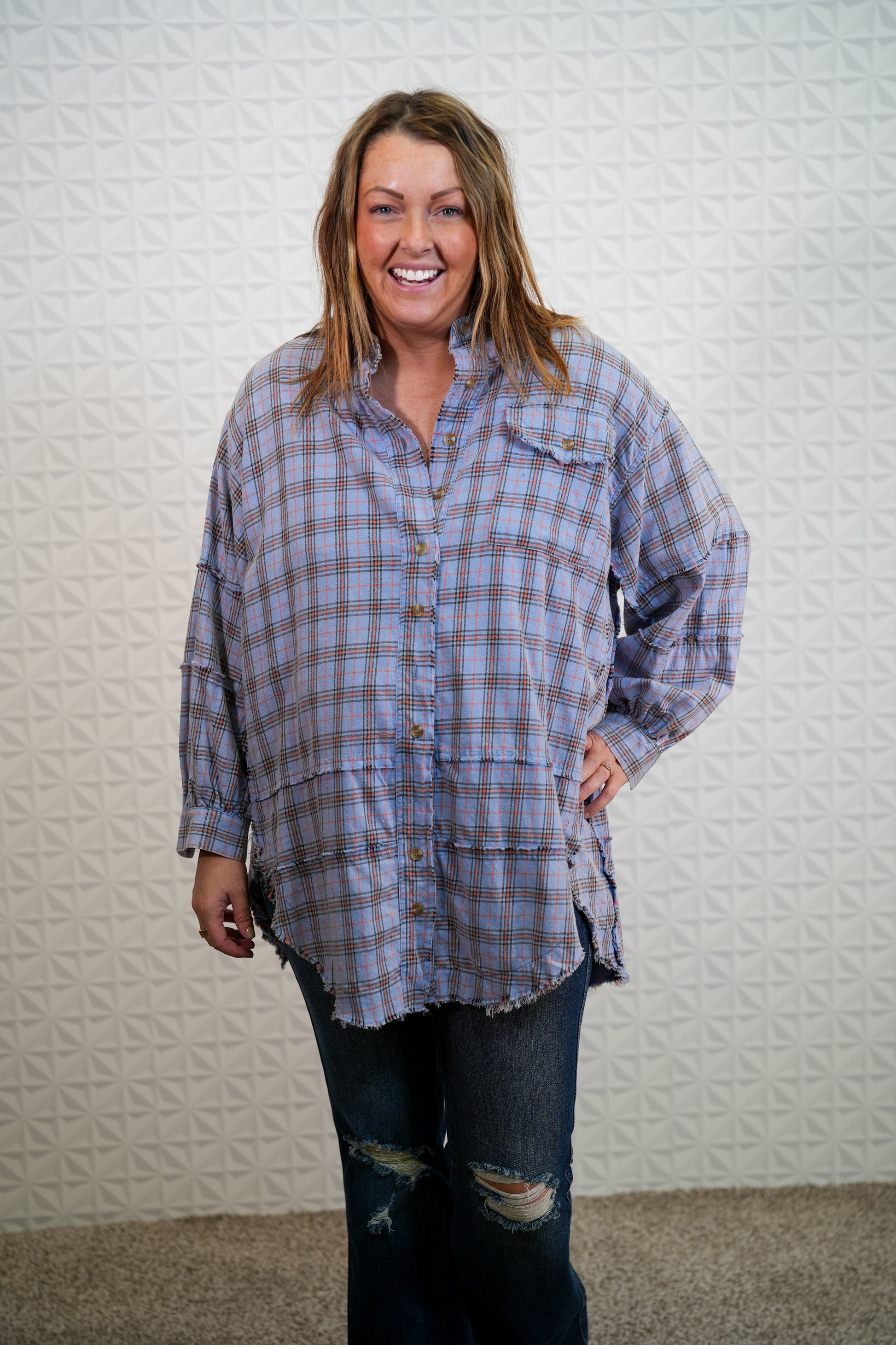 Looking at you Loose Fit Plaid Shirt - Oversized - Periwinkle - Buttercup Lynne Boutique
