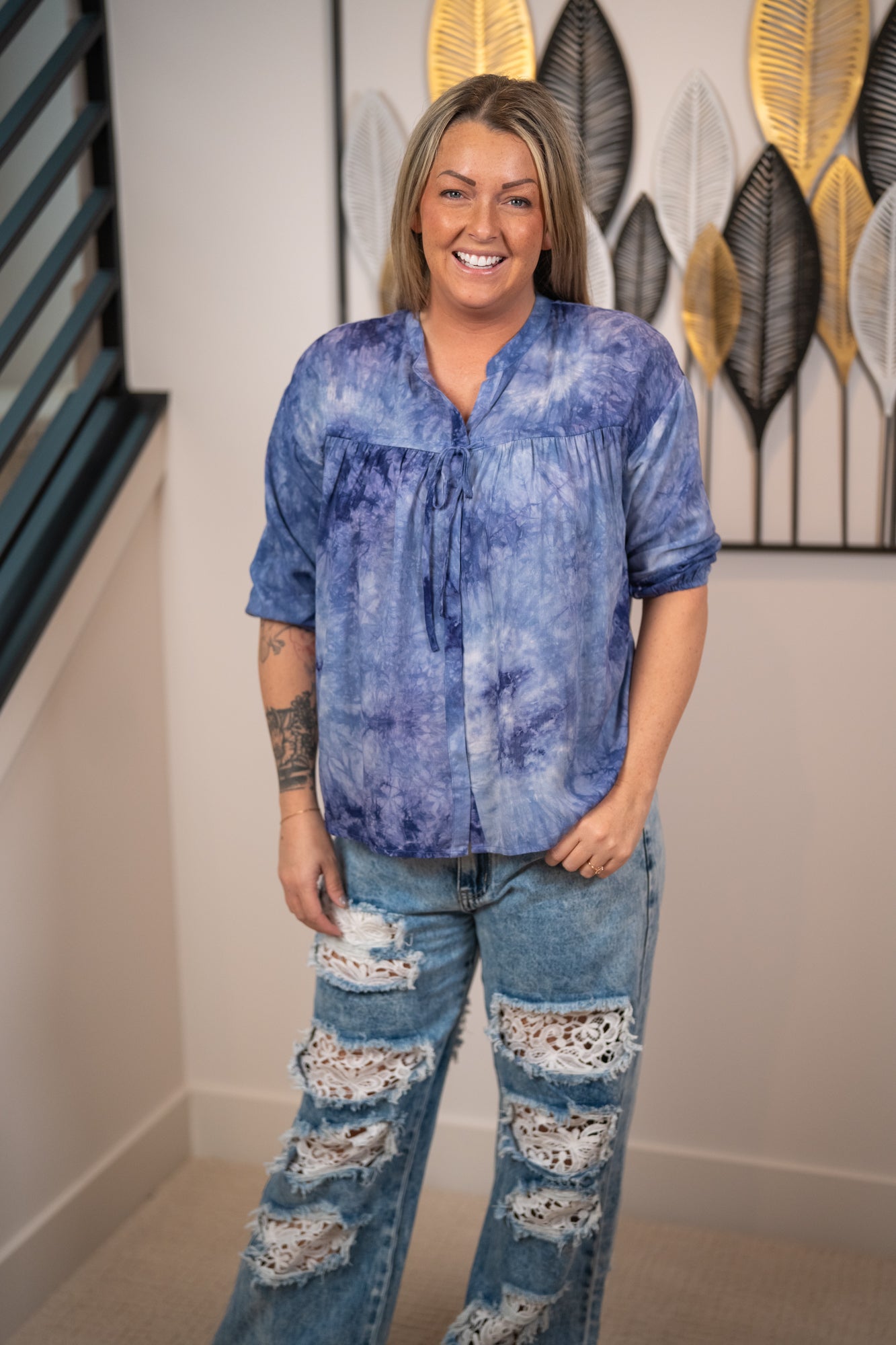 Lovestitch - Tie Dye 3/4 Bubble Sleeve Top