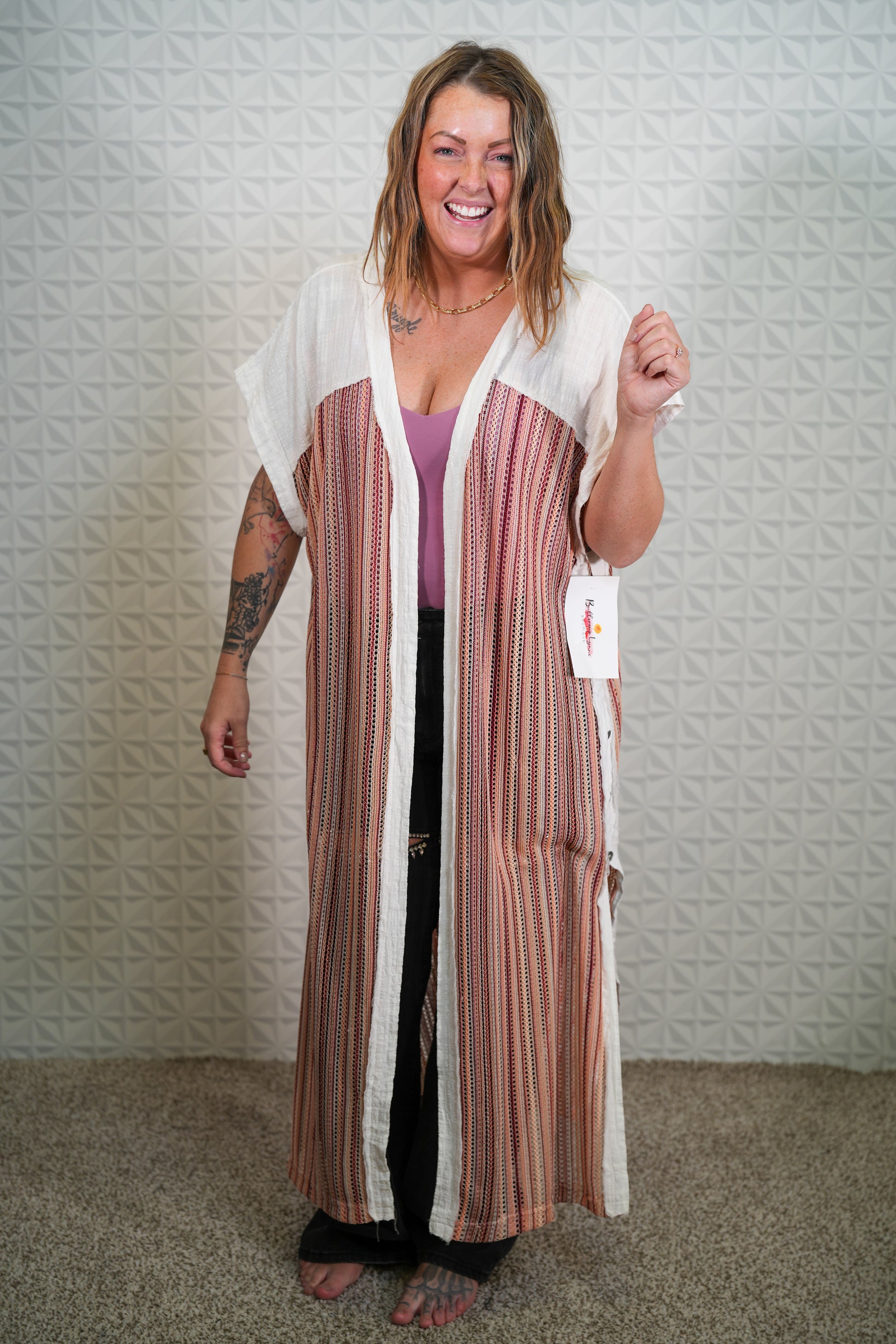 Freedom Earth Toned Ivory Elongated Cardigan - Buttercup Lynne Boutique