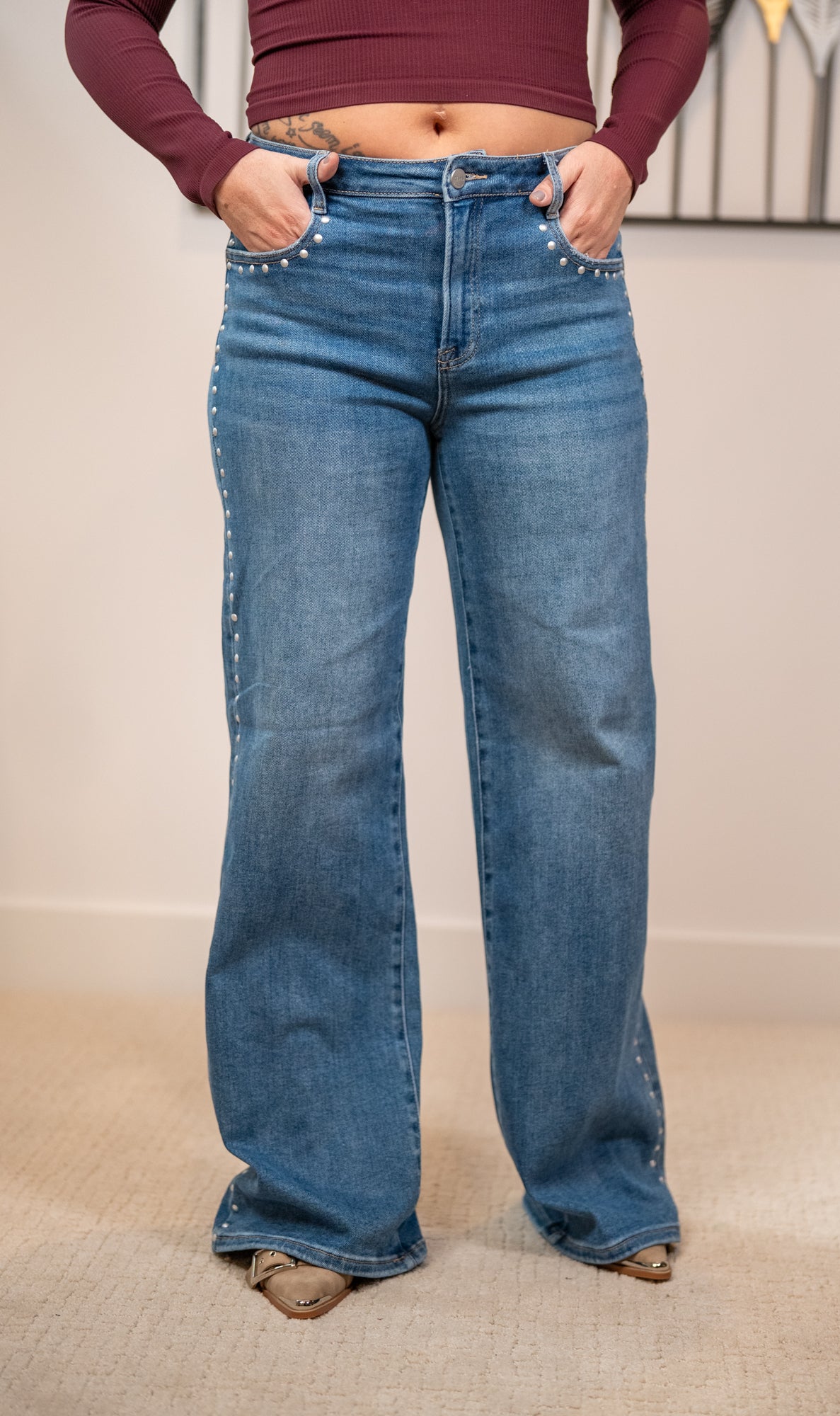 Studded wide leg jeans by Risen in medium wash with high waist and relaxed wide leg fit