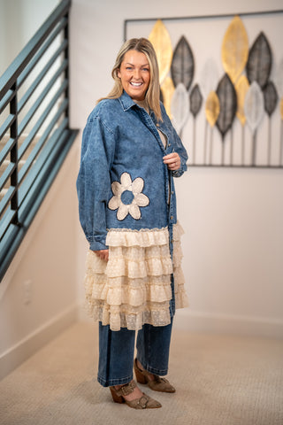 Mello Floral Patch Denim Shirt Dress with Lace Ruffle Hem