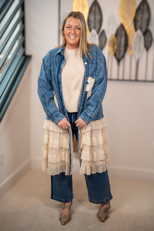 Mello Floral Patch Denim Shirt Dress with Lace Ruffle Hem