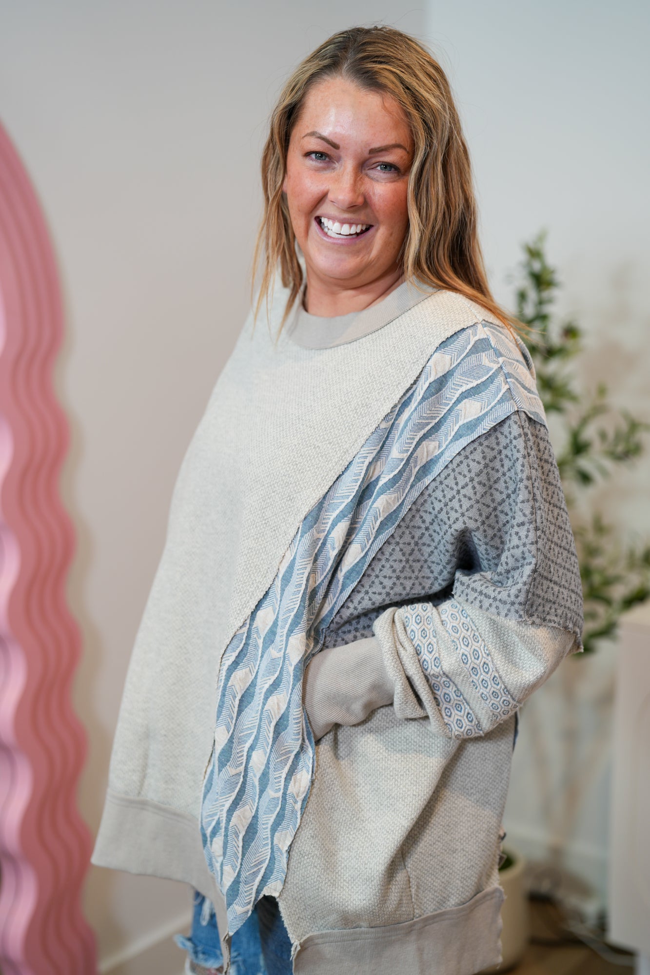 Easy Going Mixed Fabric Sweater - Buttercup Lynne Boutique