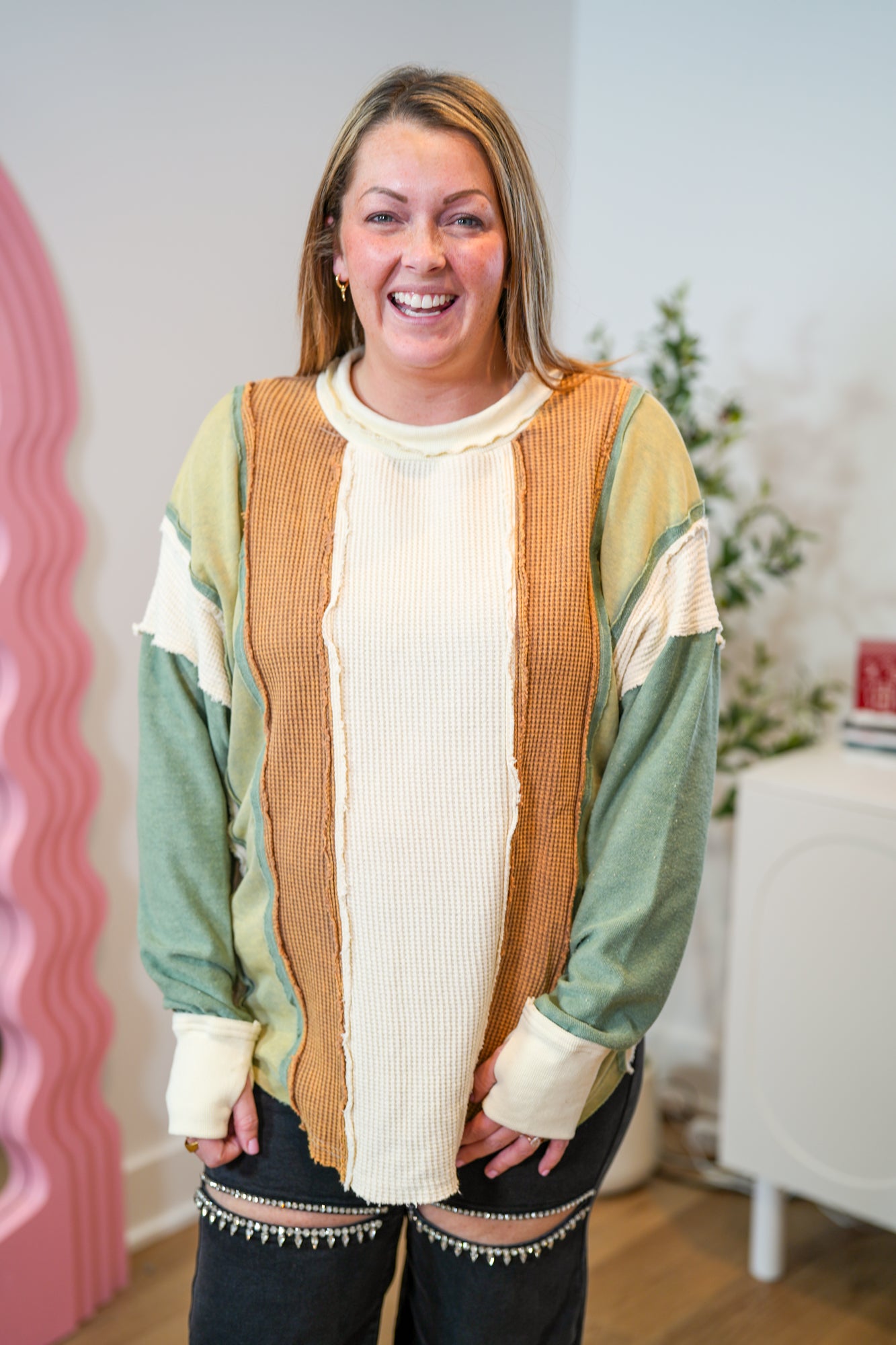 Mixed Fabric Long Sleeve Pullover - Buttercup Lynne Boutique