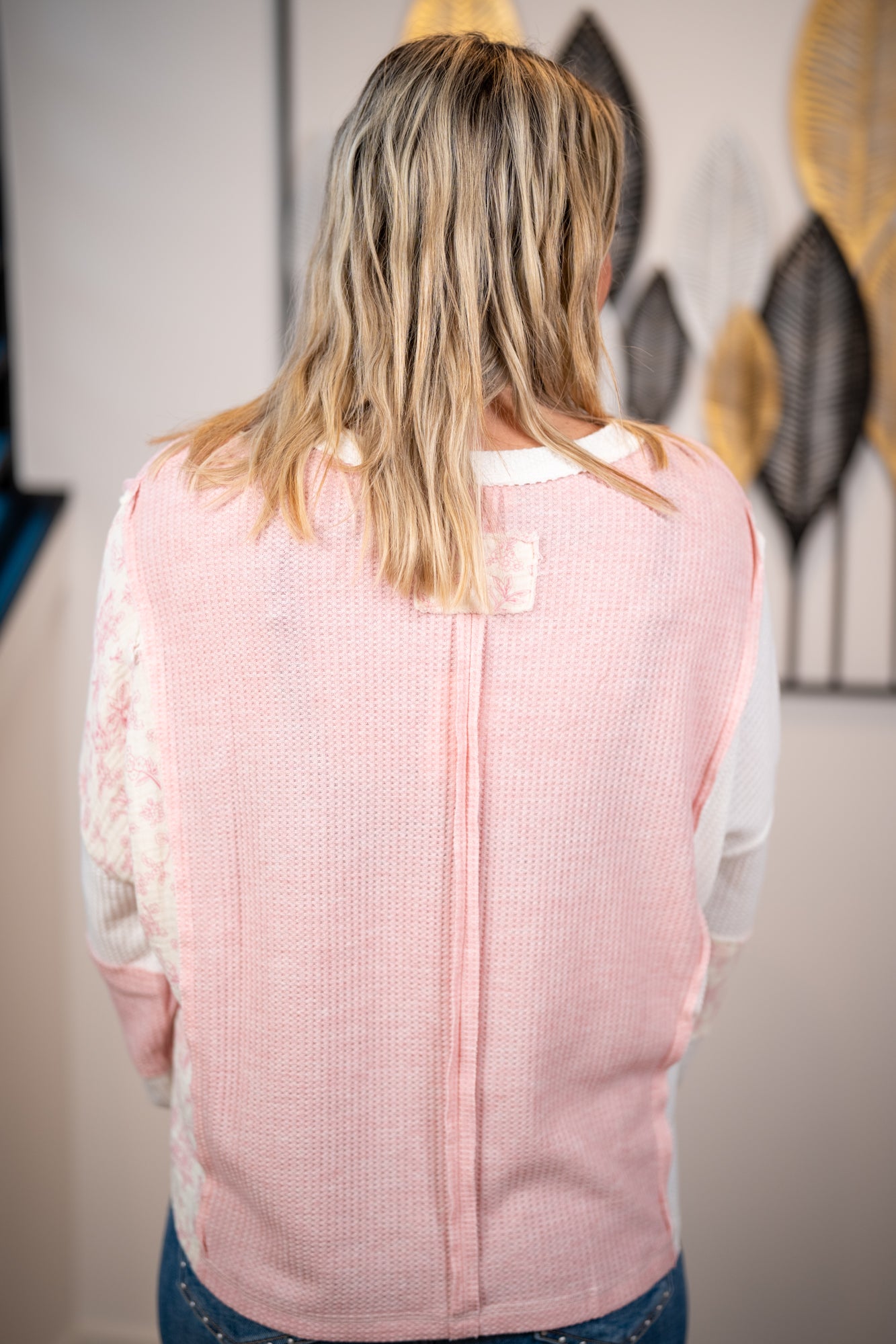 Pink waffle knit long sleeve top with relaxed fit light pink