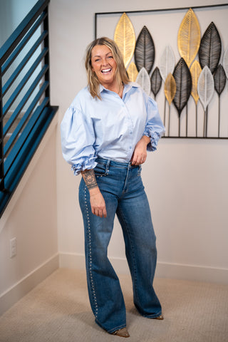 Cotton Blue Balloon Sleeve Button Down Top – Easel