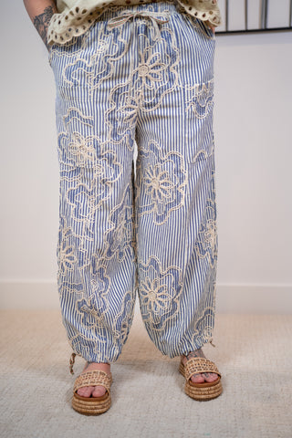 Coastal Bloom Embroidered Stripe Pants – Easel
