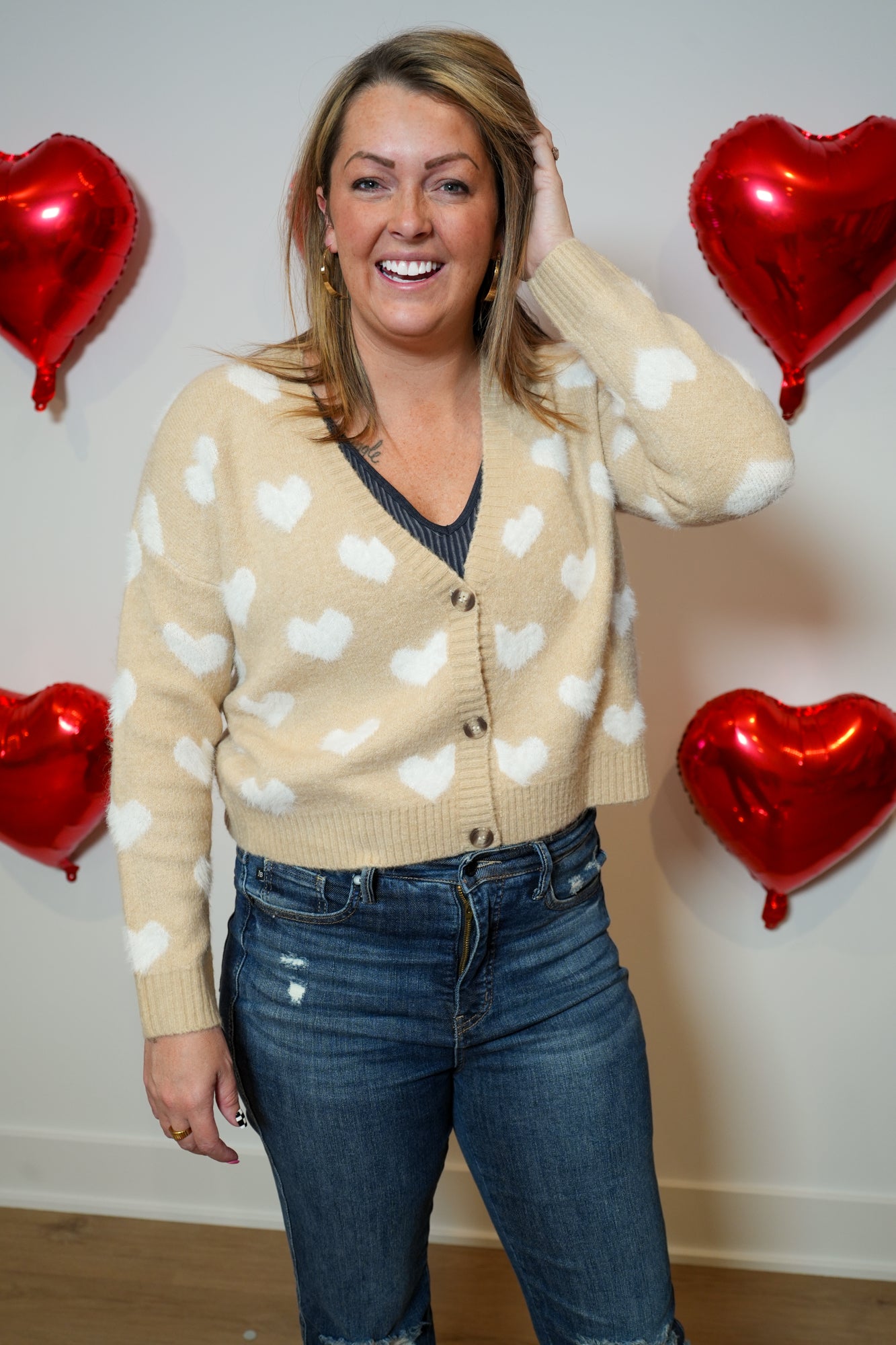 Cozy Heart-Pattern Button-Up Cardigan - Buttercup Lynne Boutique