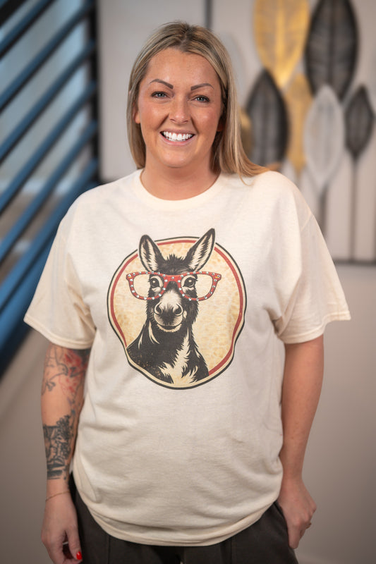Playful Charm Donkey Rhinestone Specs Graphic Tee – Natural